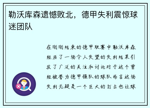 勒沃库森遗憾败北，德甲失利震惊球迷团队
