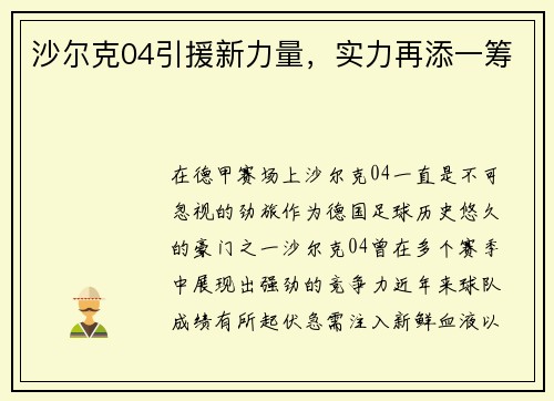 沙尔克04引援新力量，实力再添一筹
